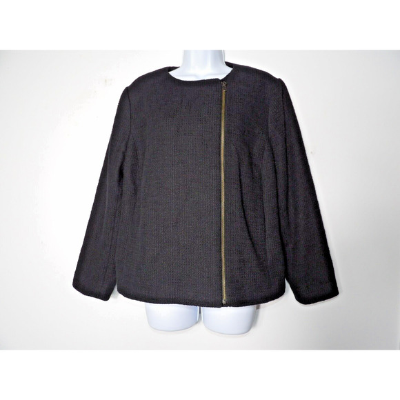 Talbots 16WP Blazer Tweed Black Weave Cotton Cardigan Full Zip Office Career Lin - Picture 1 of 13